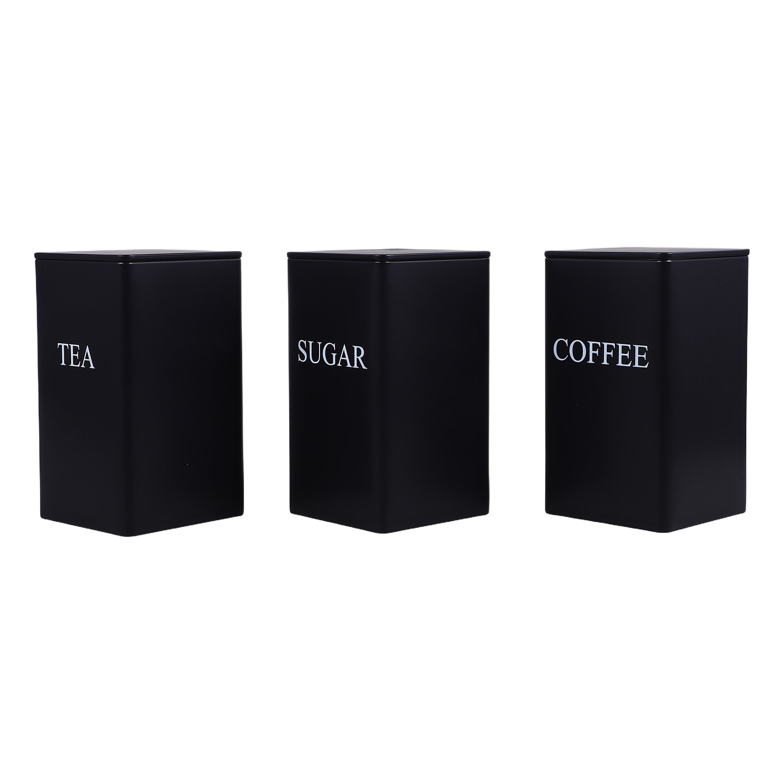 Food Storage Square Containers - 3個セット 密閉型金属製キッチンキャニスター 正方形 コーヒー・紅茶・砂糖用 ラベル付き食品保存容器 カウンタートップオーガナイザー