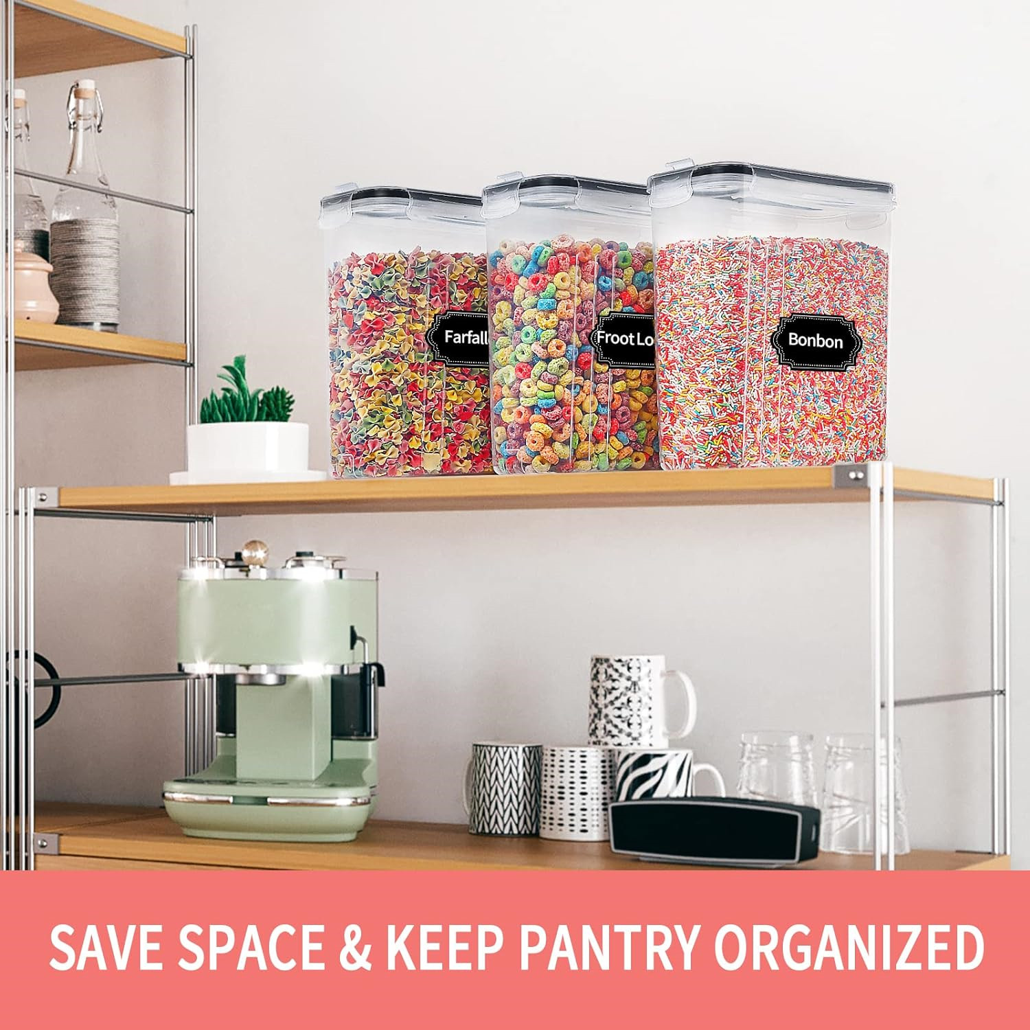 Food Storage Acrylic Containers - 2.5L シリアル保存容器 蓋付き 1/2/4個 気密食品防湿タンク ラベルステッカー付き