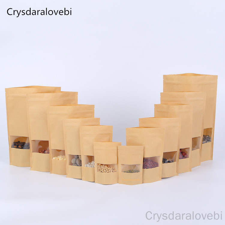 Food Storage Ziploc Bags - クラフト紙の窓袋,ジッパー式クロージャー,ギフト用,ドライフード,フルーツティー,包装袋,セルフクロージャー,100個。