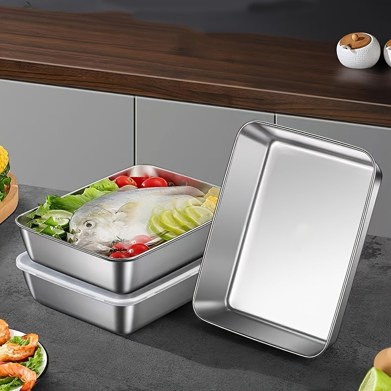 Food Storage Square Containers - 3/6個入り ステンレス製 長方形食品保存容器 蓋付き 厚手ランチボックス容器 正方形プレート