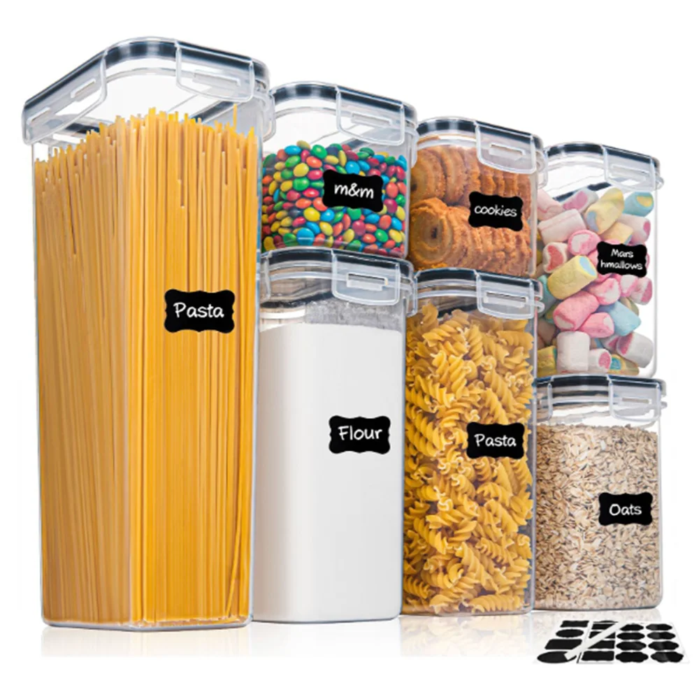 Food Storage Acrylic Containers - キッチン7個入り食品保存容器セット BPAフリー プラスチック製 密閉保存ボックス ステッカー10枚とペン付き