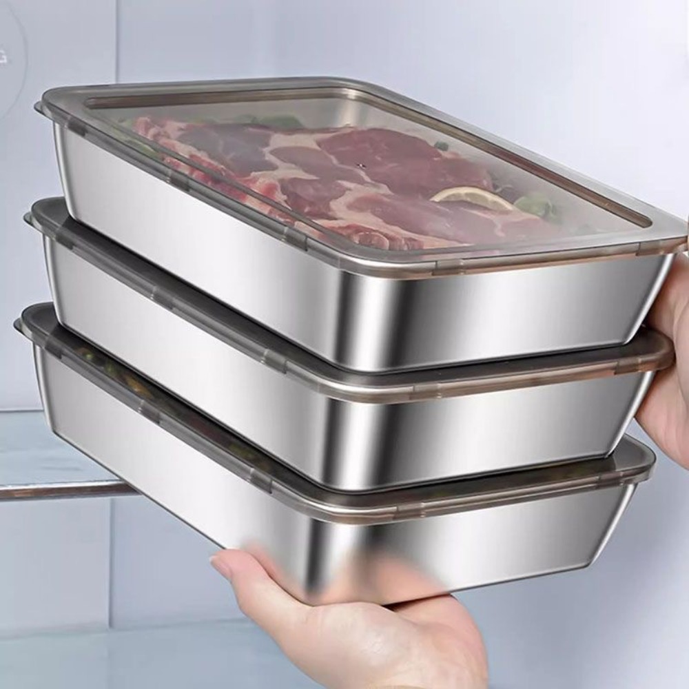 Food Storage Square Containers - 食品グレードのステンレス製サービングトレイ（蓋付き）、多目的な正方形収納容器、密閉型キッチンフードパン（カバー付き）