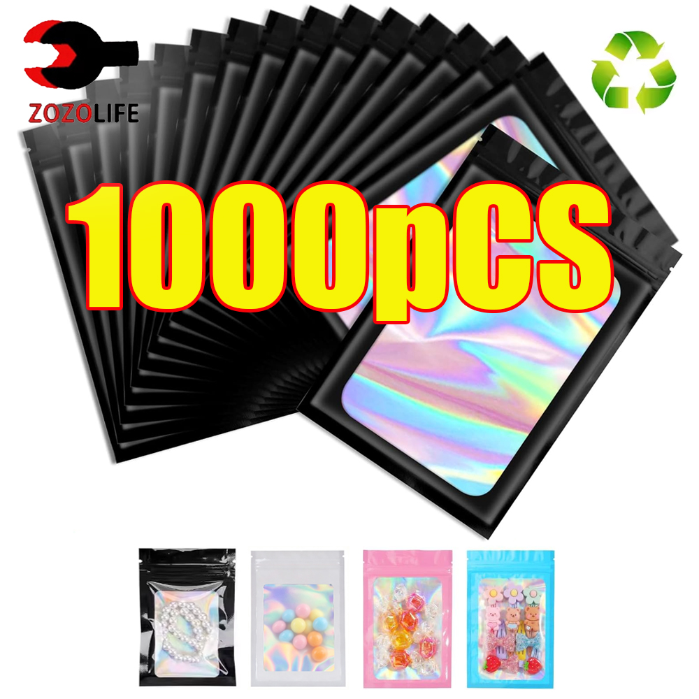 Food Storage Ziploc Bags - 10-1000 個ホログラフィックジップロックバッグ黒プラスチックレーザー虹色ジップギフトバッグマニキュアまつげリングジュエリー食品保管用