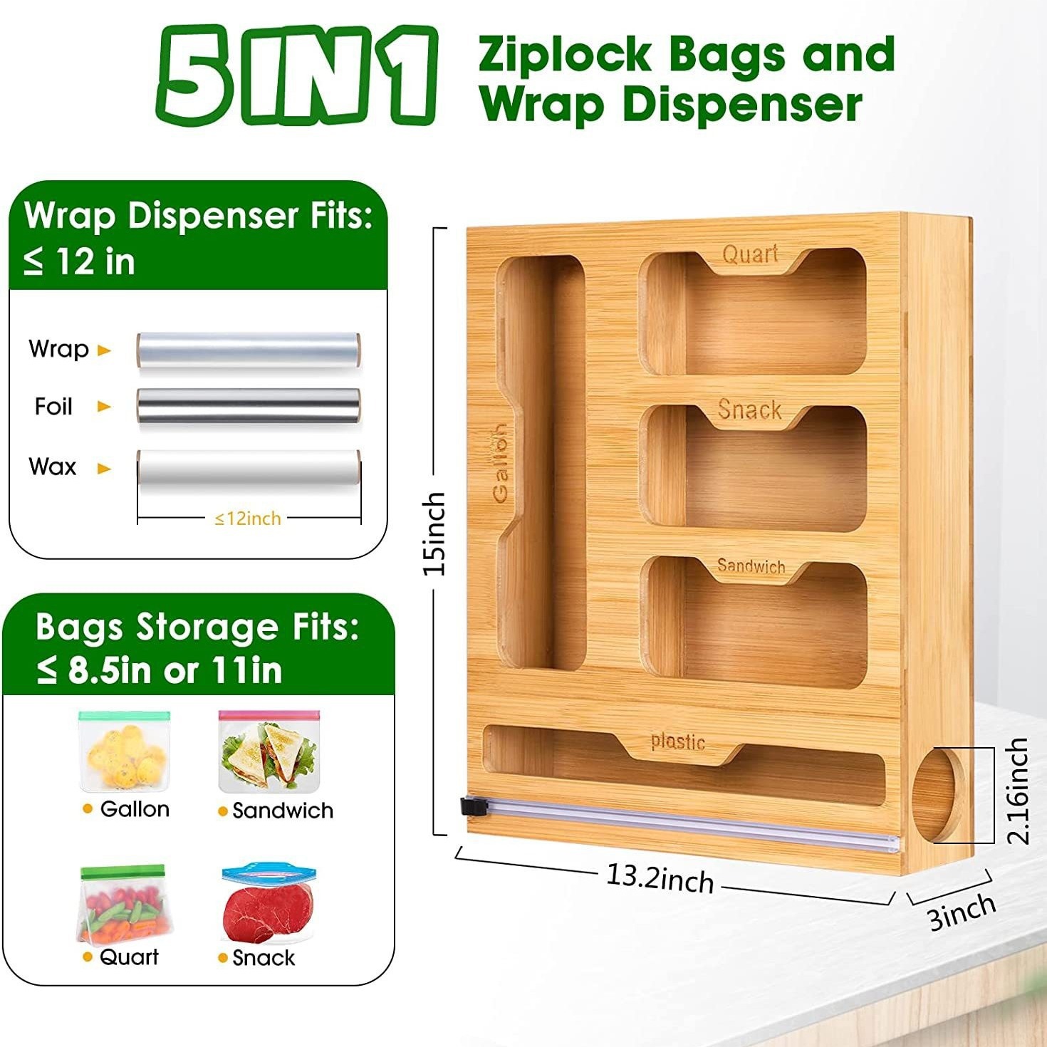 Food Storage Zip Lock Bags - 竹ジップロックフードバッグホルダー、壁収納ラック、キッチン収納棚、プラスチックラップオーガナイザー、カッター付きディスペンサー、互換性