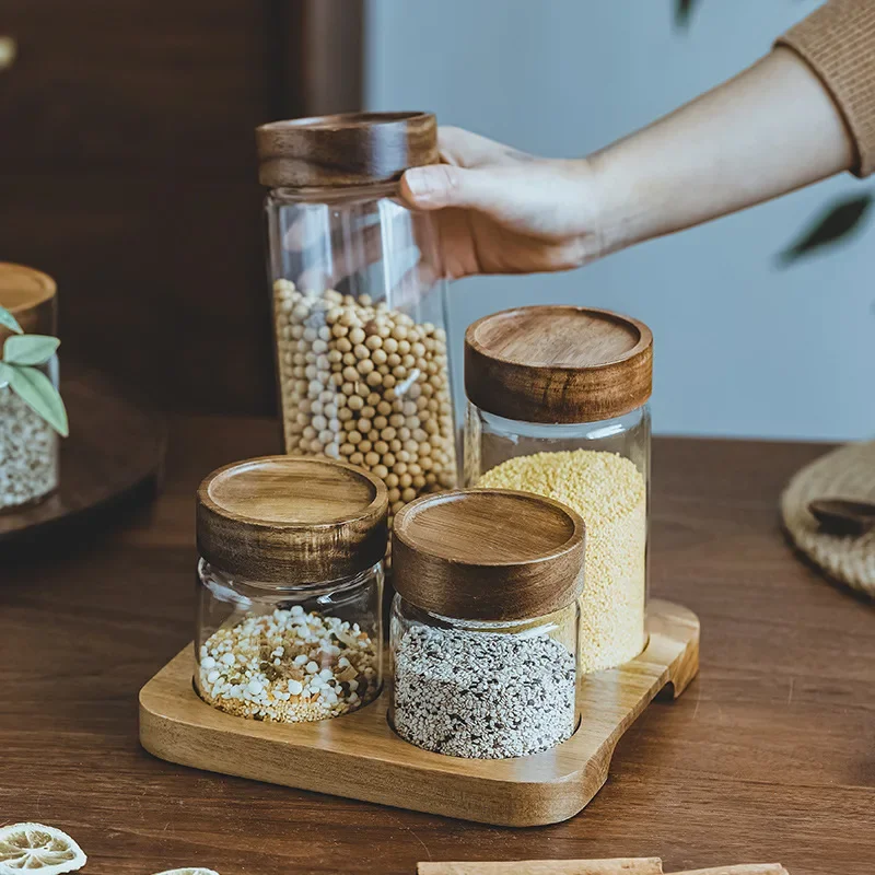 Food Storage Containers Glass - 木製蓋付きガラスジャー,気密キャニスター,密閉フード容器,ベースセット付きディスペンサー,キッチンオーガナイザー