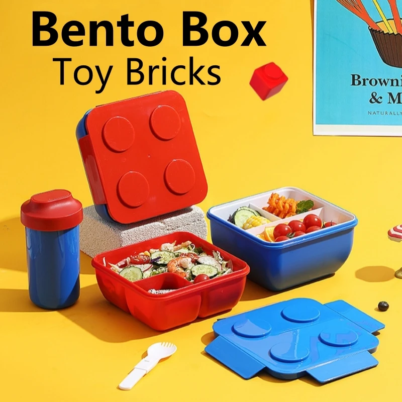 Food Storage Building - 子供のためのポータブルビルディングブロック弁当箱、屋外ピクニック弁当食品貯蔵容器、果物とサラダ、学生のためのモジュール式、DIY