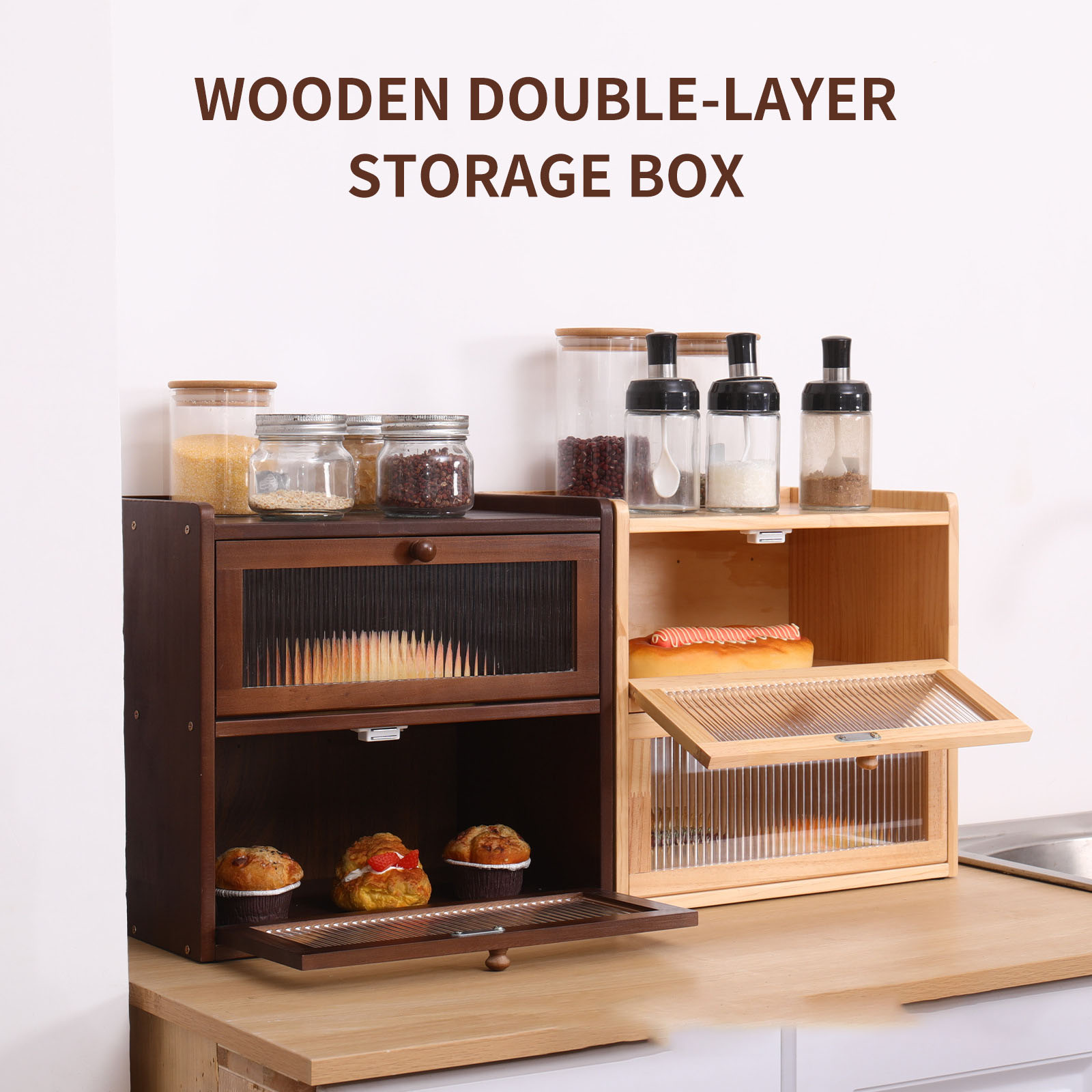 Food Storage Acrylic Containers - パン箱 自家製パン収納ボックス キッチンカウンター用 二層式 アクリル製フリップ蓋付き 木製収納容器