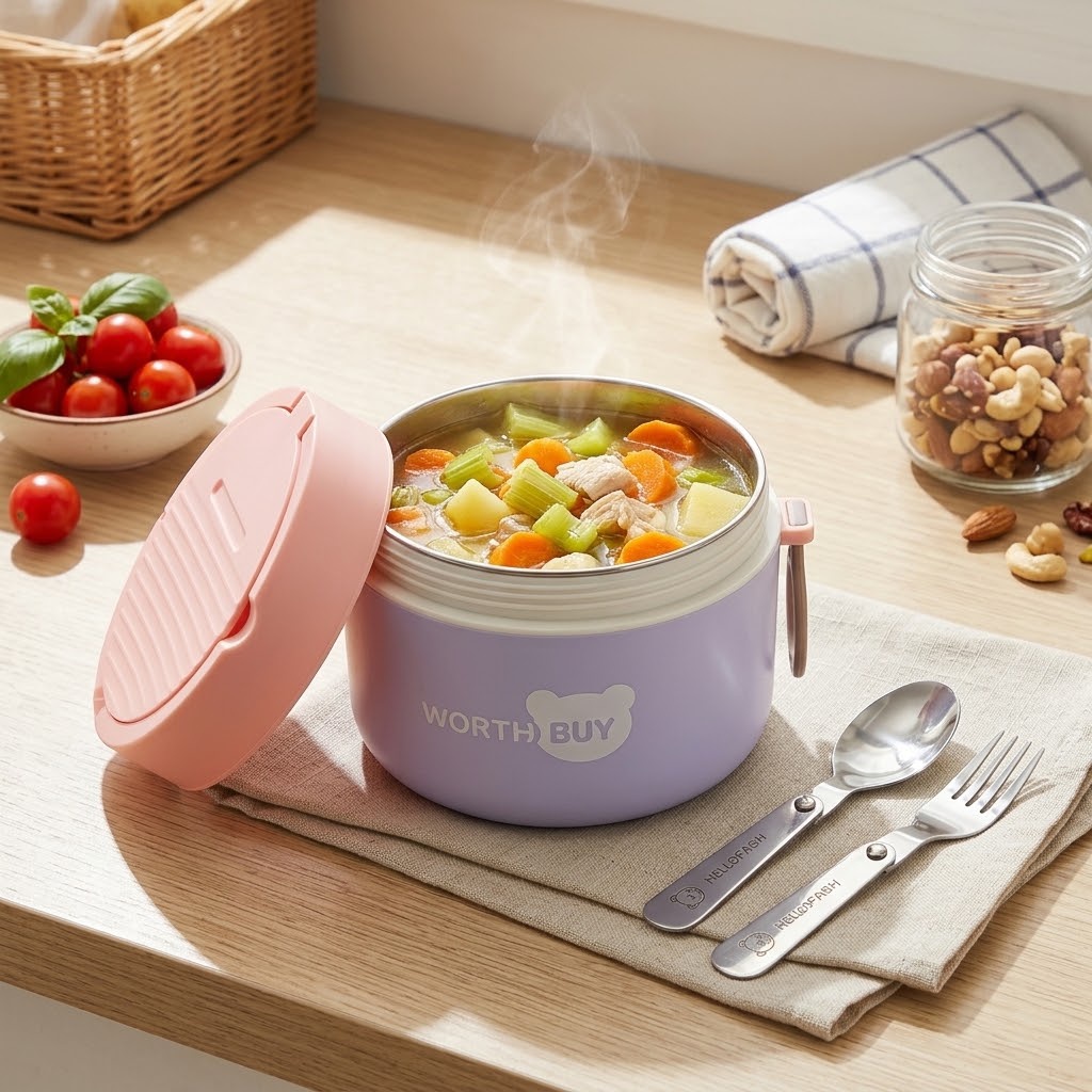 Food Storage Containers B&M - 304ステンレス製保温ランチボックス 子供用学校弁当箱 電子レンジ対応食品保存容器 密閉型スープサーモス カトラリー付き