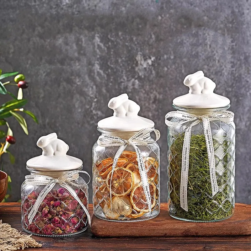 Food Storage Acrylic Containers - 透明ガラス密封瓶、セラミック蓋、食品保存容器、キッチン収納ボトル、穀物分配容器、家庭用茶筒