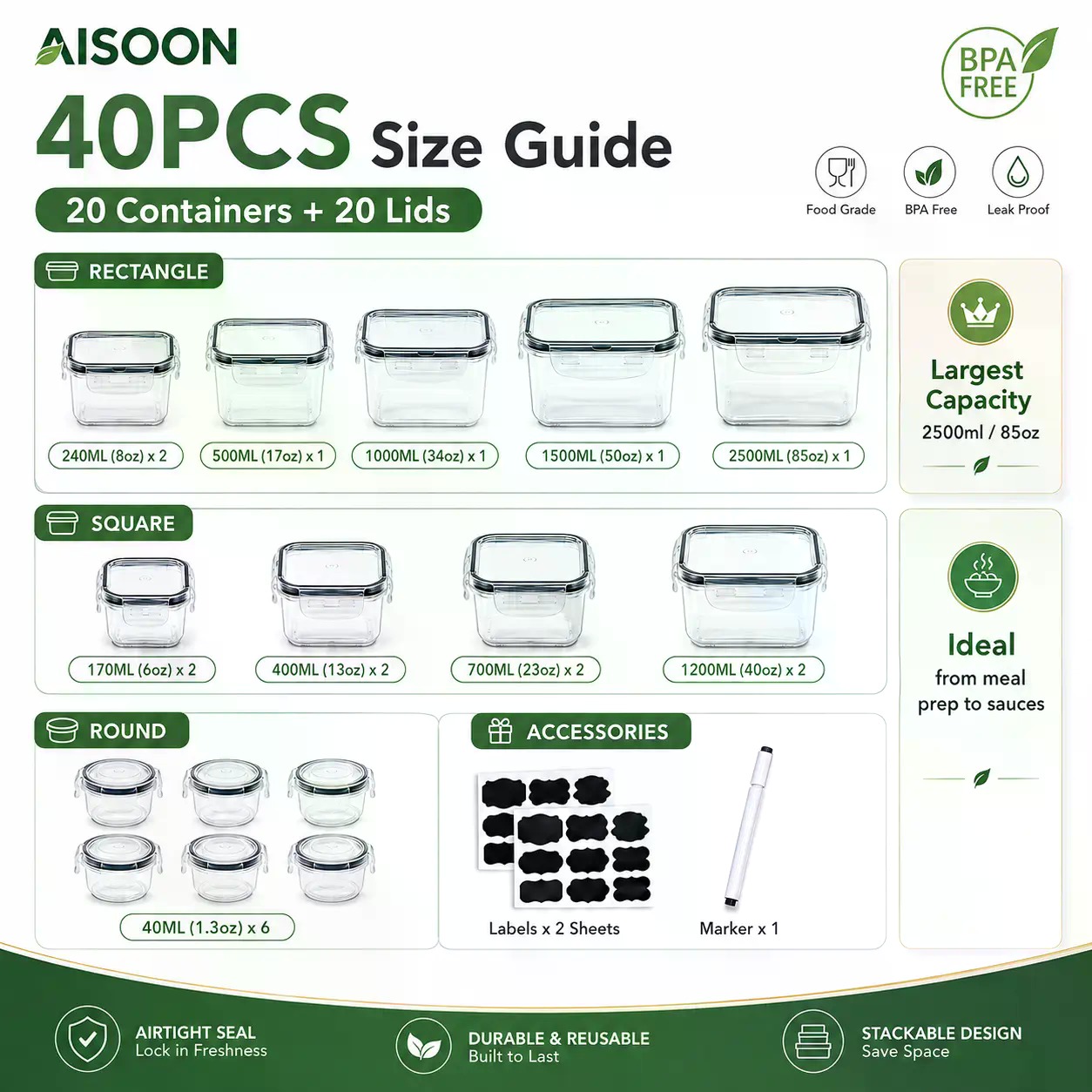 40個入り特大85オンスシリコン製密閉食品保存容器セット（容 - Food Storage Large Plastic Containers のレビューと価格